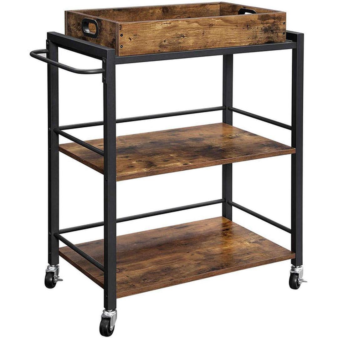 Keukenwagen in Vintage Bruin/Zwart – Serveerwagen met Legplanken en Wielen, ca. 65 × 40 × 85 cm