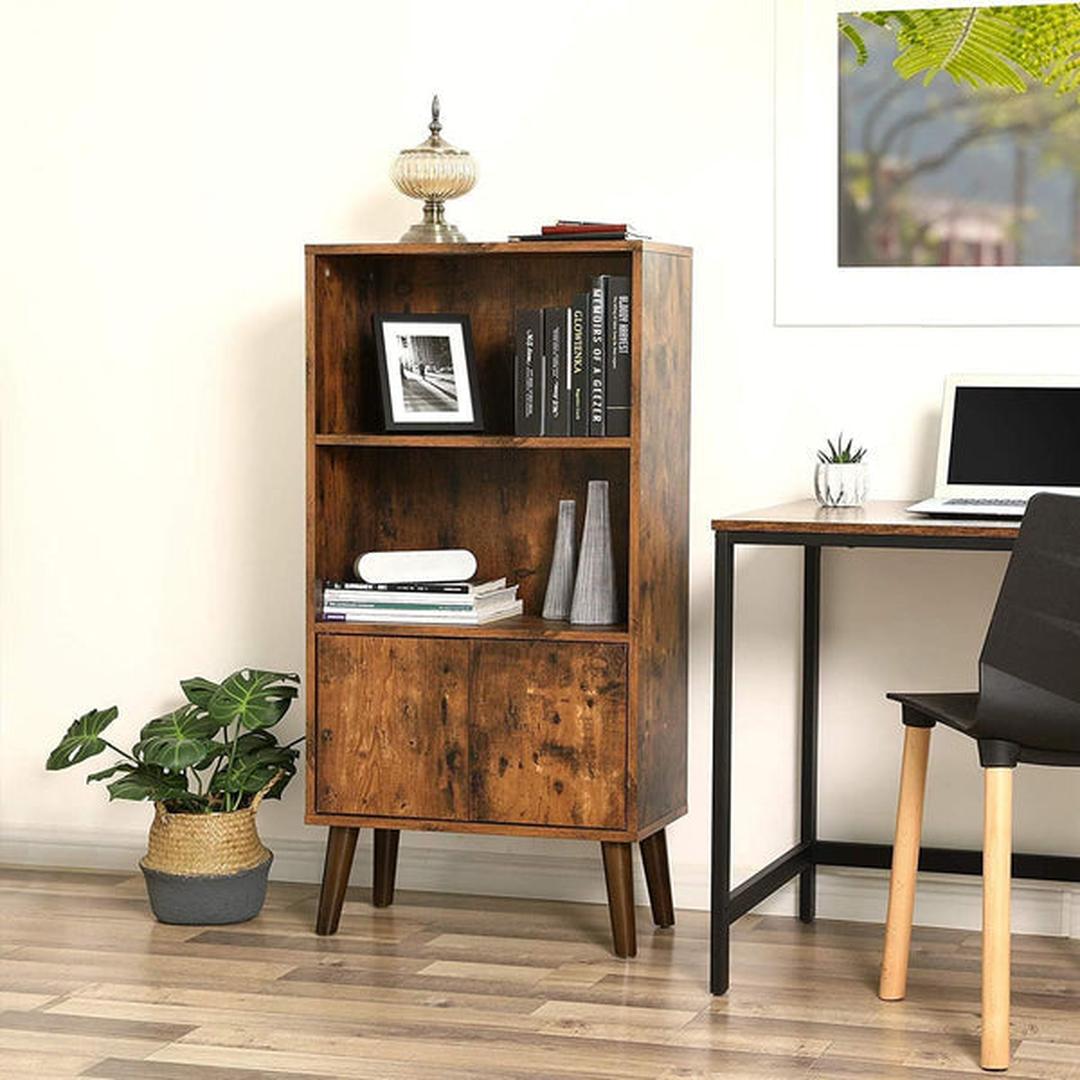 Retro Boekenkast met Opbergvakken – Wandkast in Houtlook voor Boeken en Decoratie, 60 × 30 × 120 cm