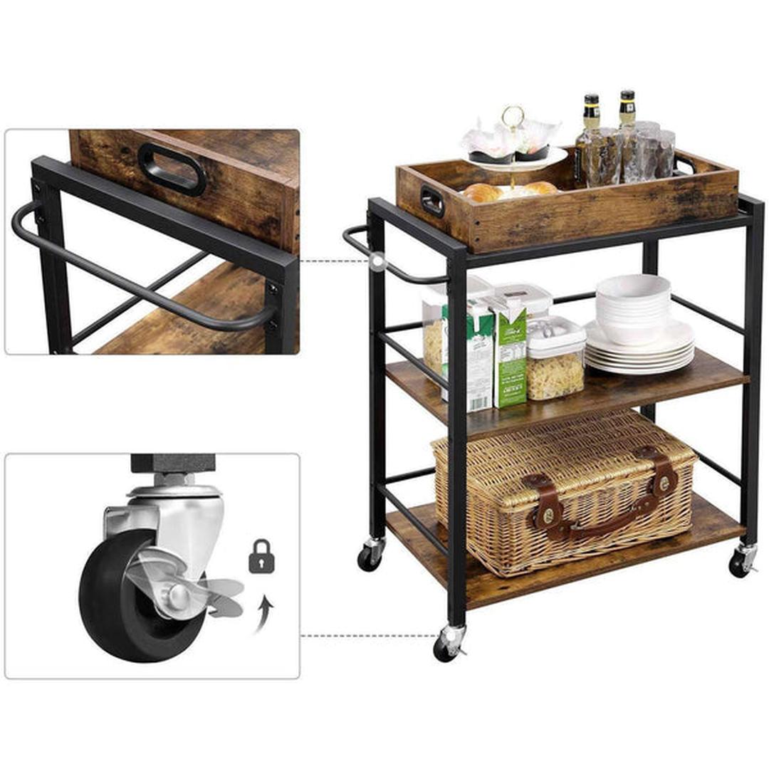 Keukenwagen in Vintage Bruin/Zwart – Serveerwagen met Legplanken en Wielen, ca. 65 × 40 × 85 cm