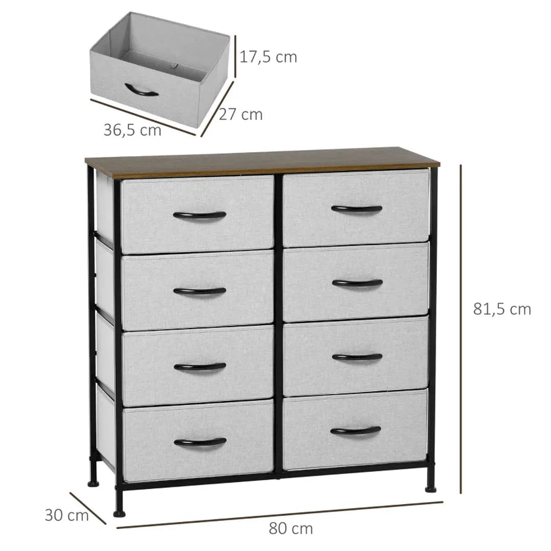 Dressoir met 6 lades – Opbergkast met stoffen schuiflades – 80x30x62,5 cm – Bruin, zwart en grijs