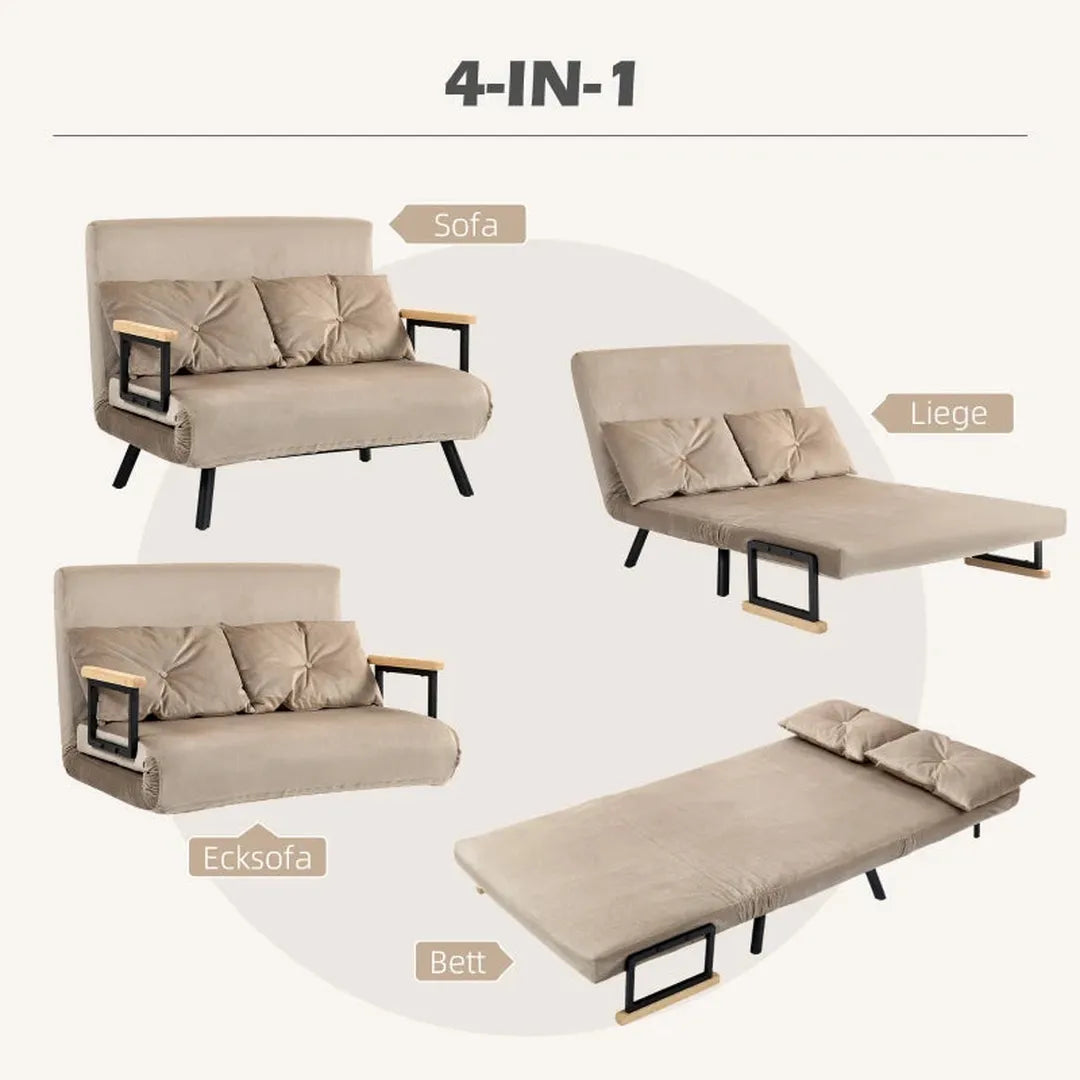 2-zits slaapbank – fluwelen bekleding – inklapbaar – inclusief 2 kussens – naturel