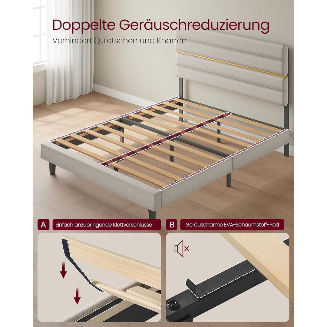 Gestoffeerd bedframe 160 × 200 cm – verstelbaar hoofdbord, staal en massief hout, modern design