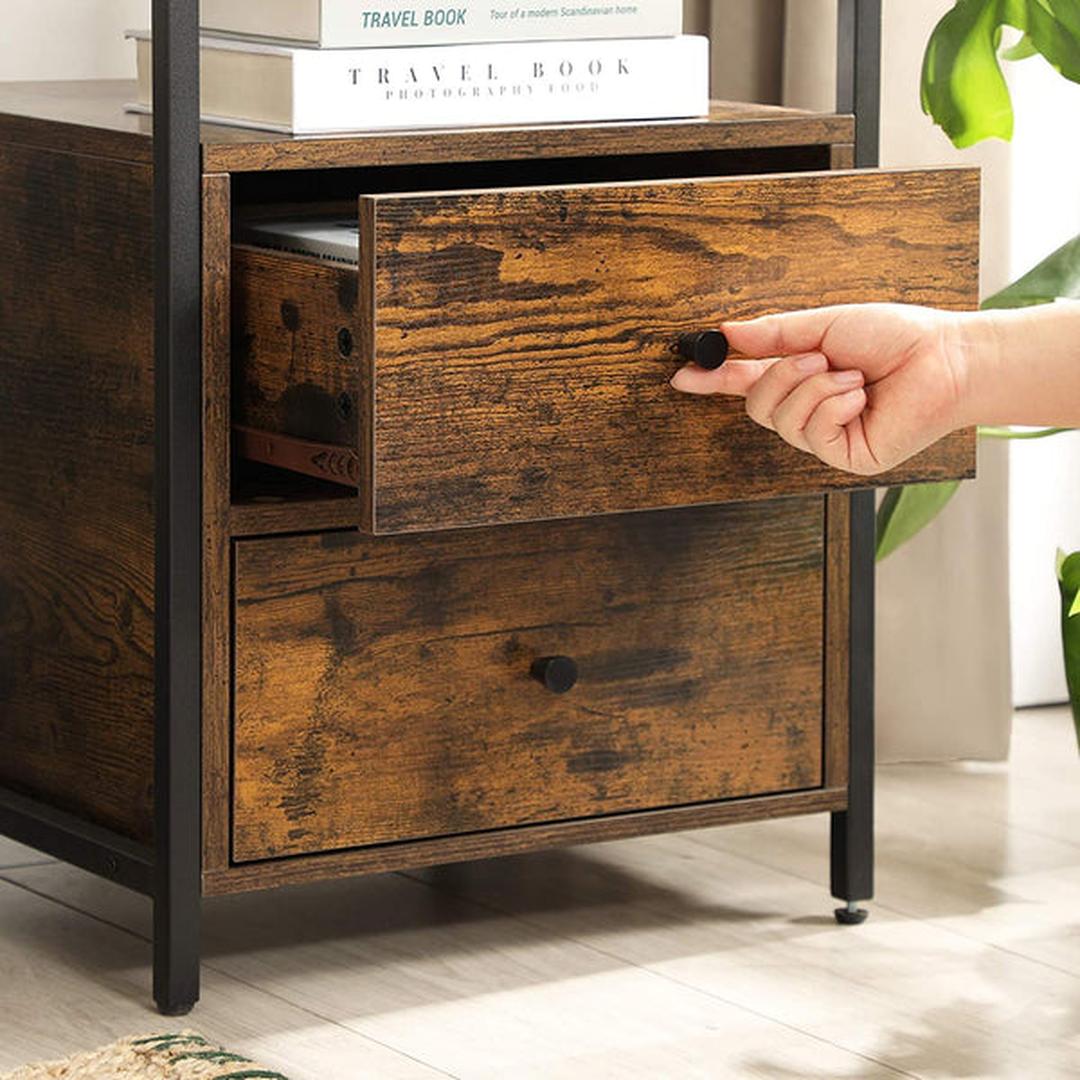 Nachtkastje met 2 Lades en Open Vak – Industriële Bijzettafel in Vintage Bruin/Zwart, 45 × 45 × 60 cm