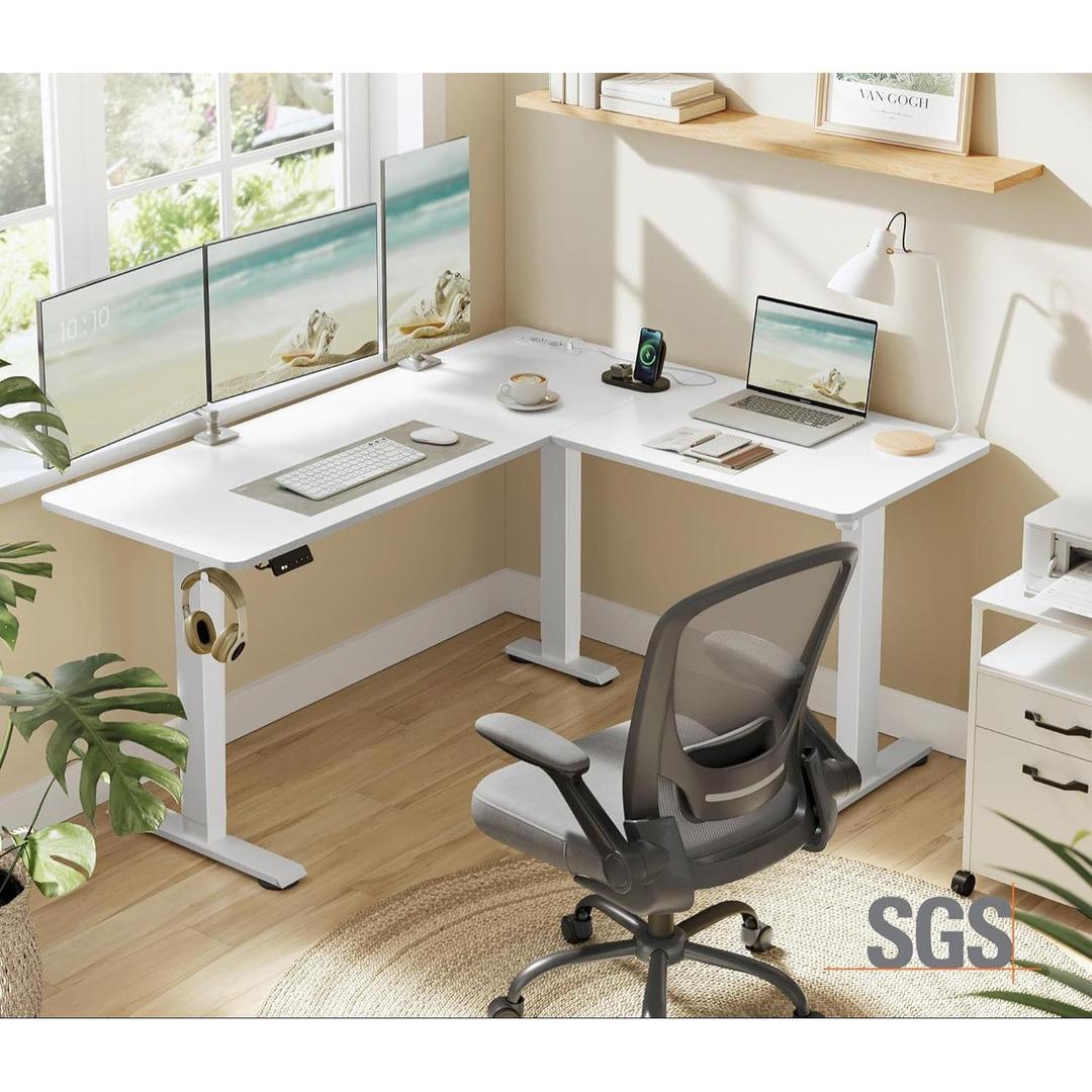 Elektrisch verstelbaar hoekbureau – L-vormig – 140 x 160 cm – met ingebouwd stopcontact en USB – geheugenfunctie – 72-120 cm hoogte verstelbaar