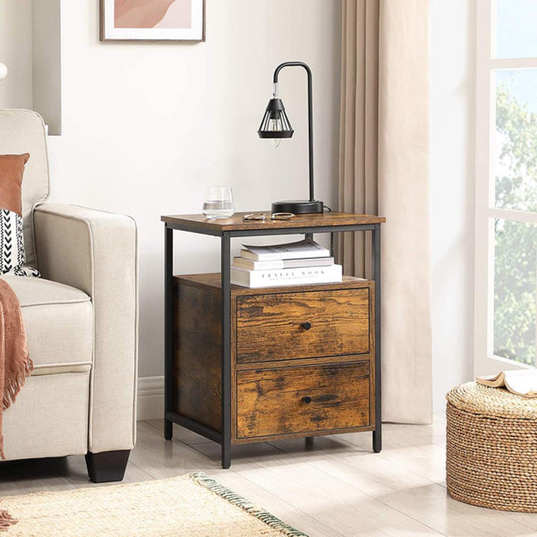 Nachtkastje met 2 Lades en Open Vak – Industriële Bijzettafel in Vintage Bruin/Zwart, 45 × 45 × 60 cm