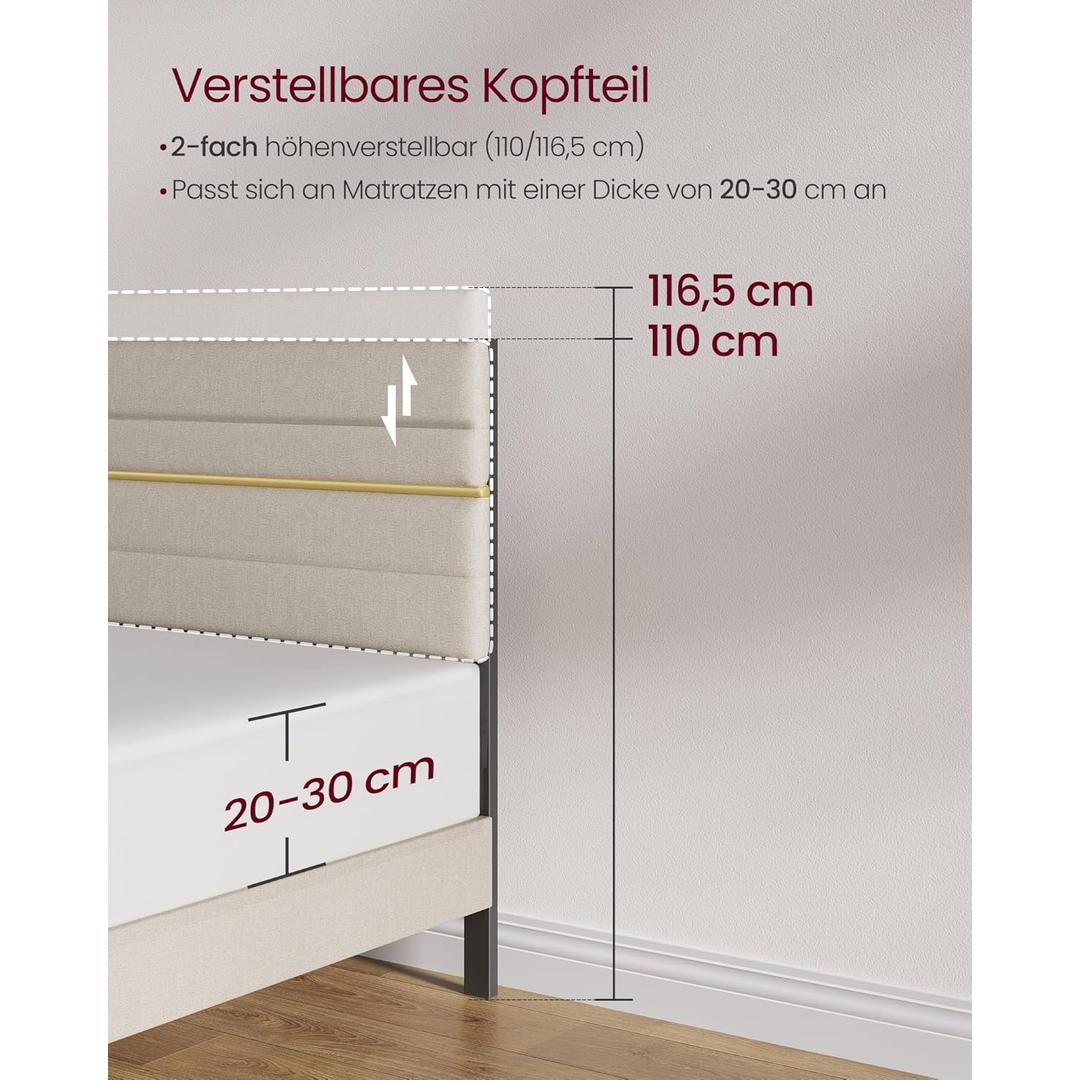 Gestoffeerd bedframe 160 × 200 cm – verstelbaar hoofdbord, staal en massief hout, modern design