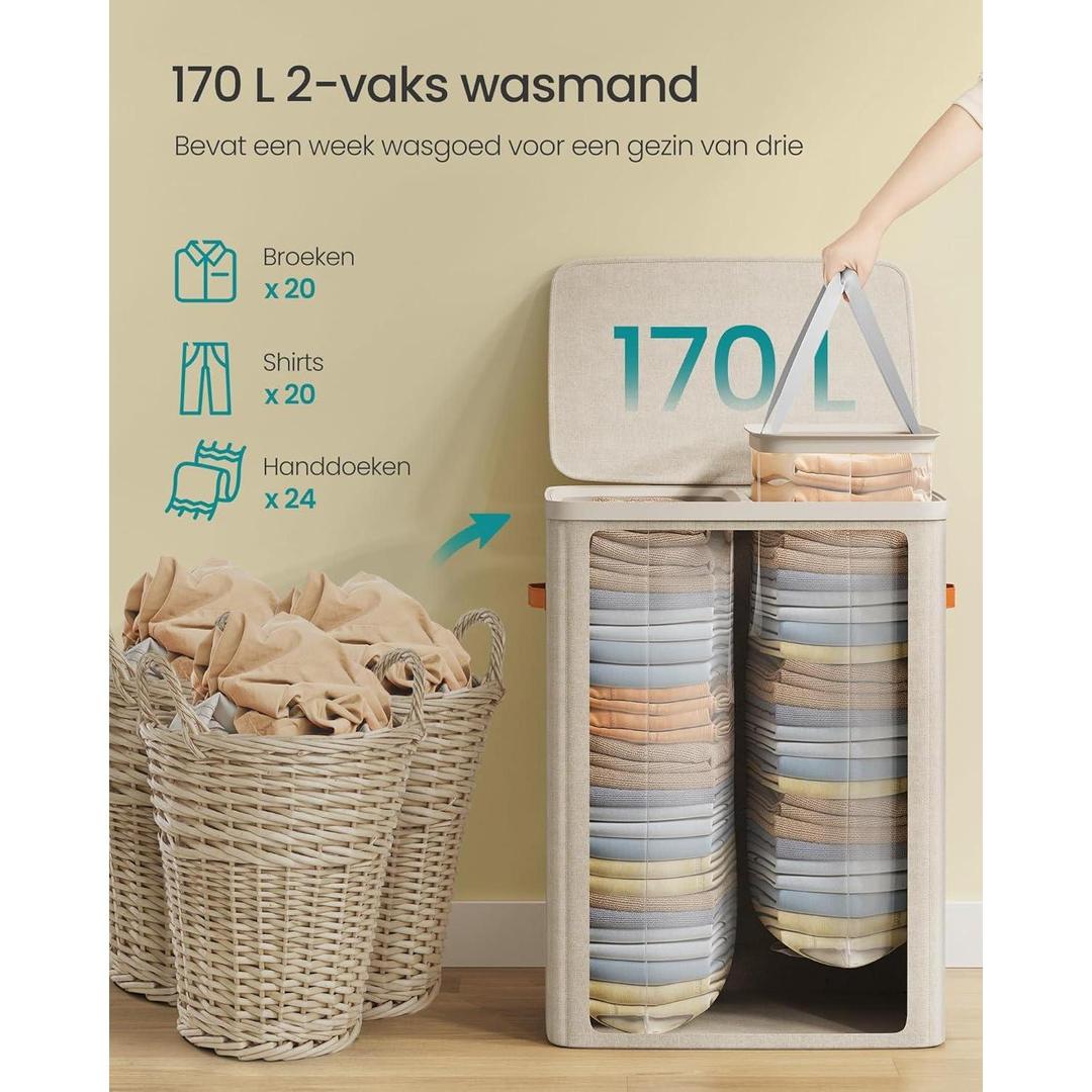 Wasmand met 2 compartimenten – 170 liter – met deksel en handgrepen