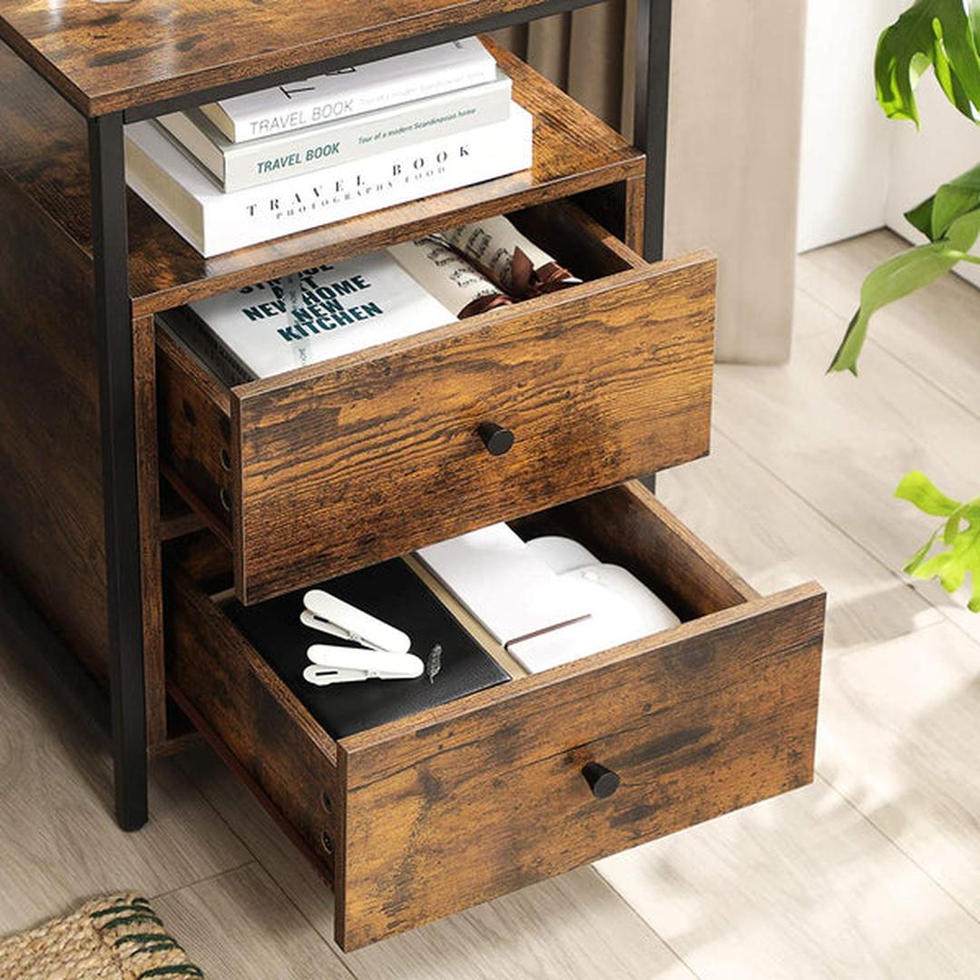 Nachtkastje met 2 Lades en Open Vak – Industriële Bijzettafel in Vintage Bruin/Zwart, 45 × 45 × 60 cm