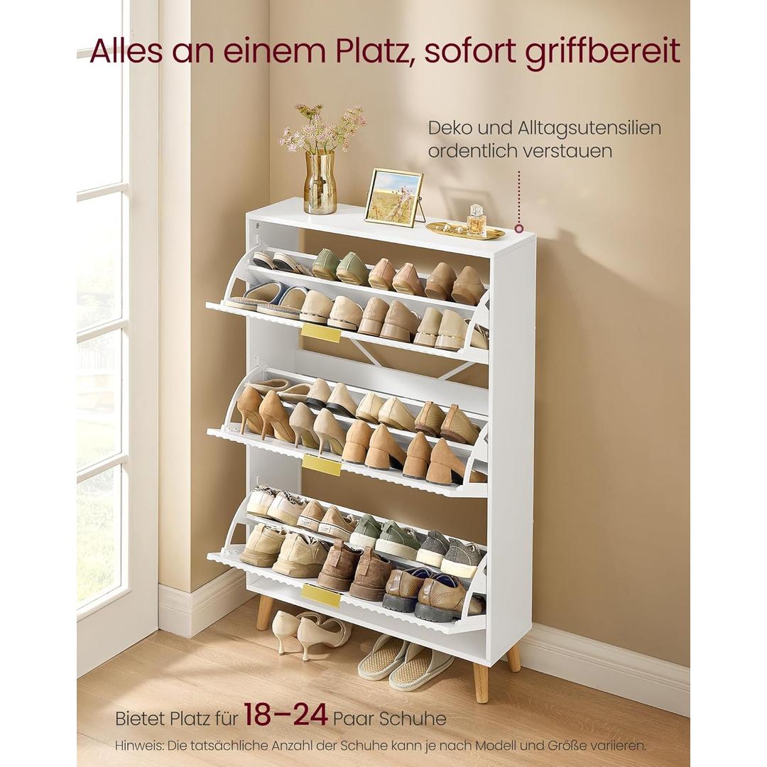 Schoenenkast met 3 deuren – mid-century modern, geribbelde deuren, voor 18–24 paar schoenen, 80 × 24 × 123 cm