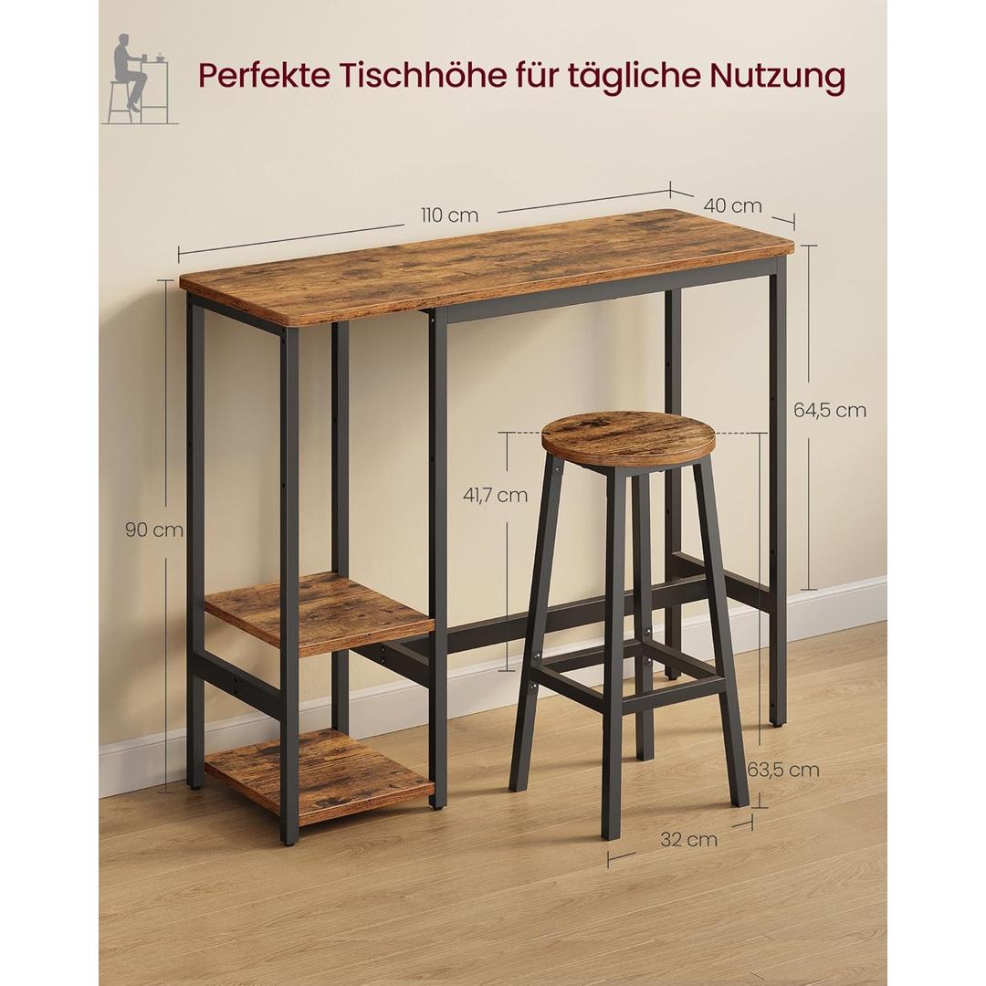 Bartafel met 2 barkrukken – eetset met opbergrek, industrieel design, compact en stevig