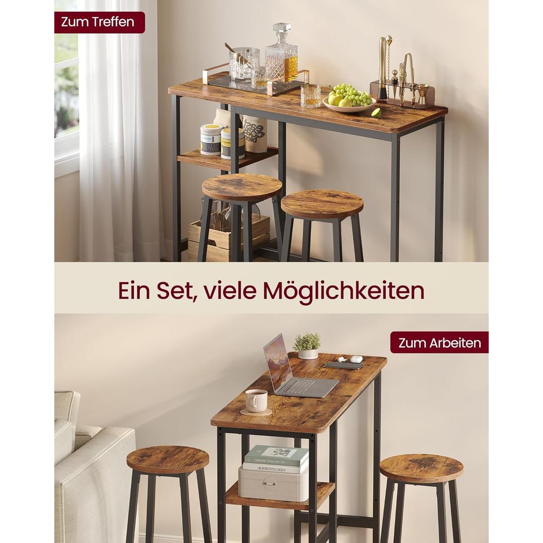Bartafel met 2 barkrukken – eetset met opbergrek, industrieel design, compact en stevig