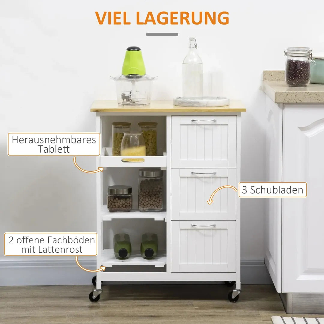 Keukentrolley met 1 Kruidenrek en 1 Handdoekhouder – 109 x 40 x 89 cm, Witte Servierwagen op Wielen