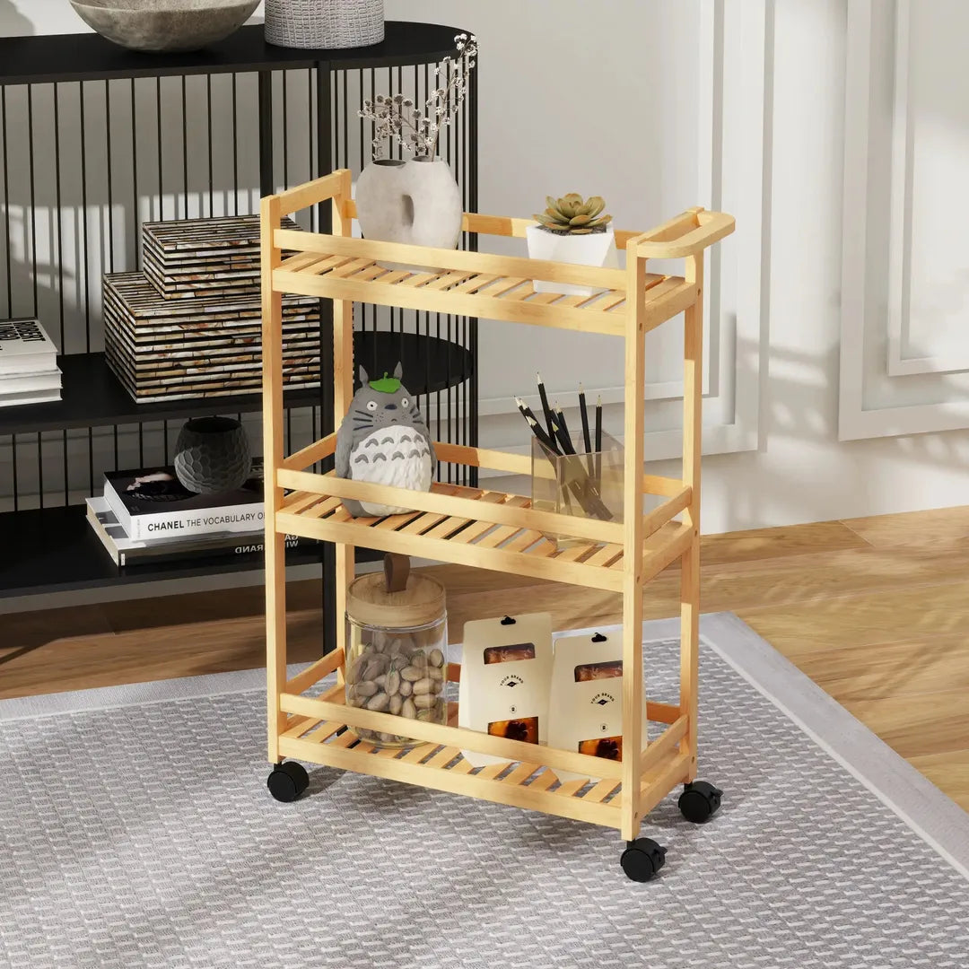 Serveerwagen – 3 lagen met lattenbodems en valbescherming – Bamboe – 55 × 20 × 75 cm