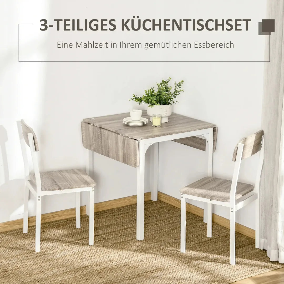 Eettafelset voor 2 Personen – 1 Tafel, 2 Stoelen van Grenenhout – Wit en Grijs