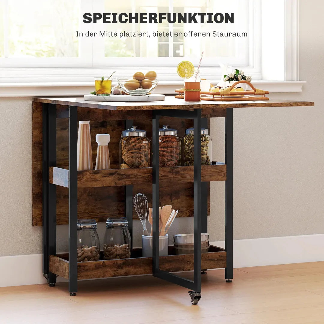 Eettafel inklapbaar – geschikt voor 4 personen – met open opbergrekken – Houtlook spaanplaat en metaal – Bruin