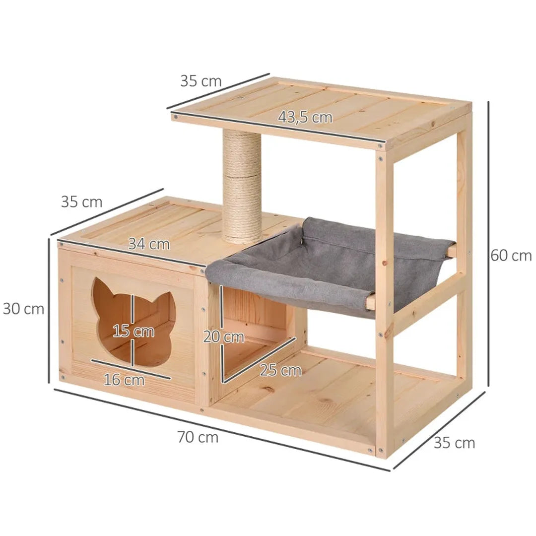 Kattenhuis met hangmat – kattenverblijf met sisal krabpaal – kattenboom van grenenhout – naturel – 70 x 35 x 60 cm