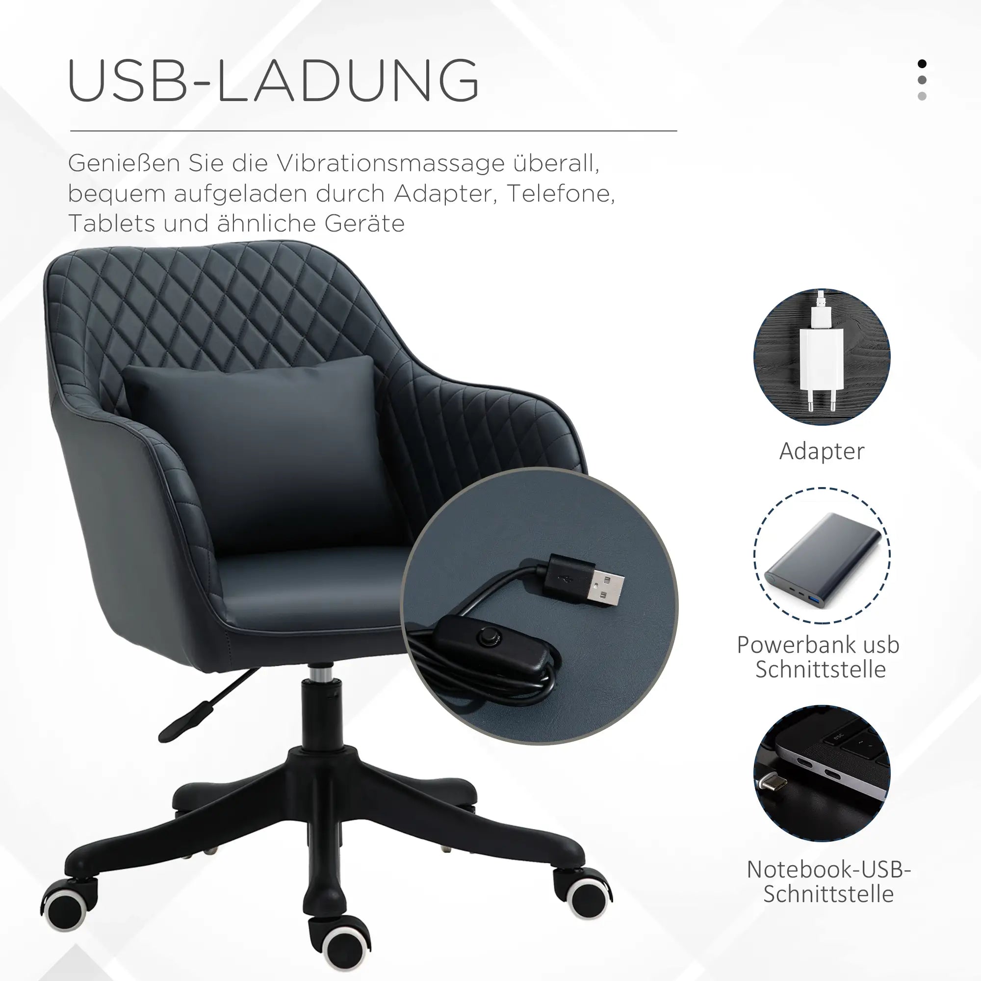 Bureaustoel met massagefunctie – in hoogte verstelbaar, draaibaar, met USB-aansluiting en lendenkussen, grijs