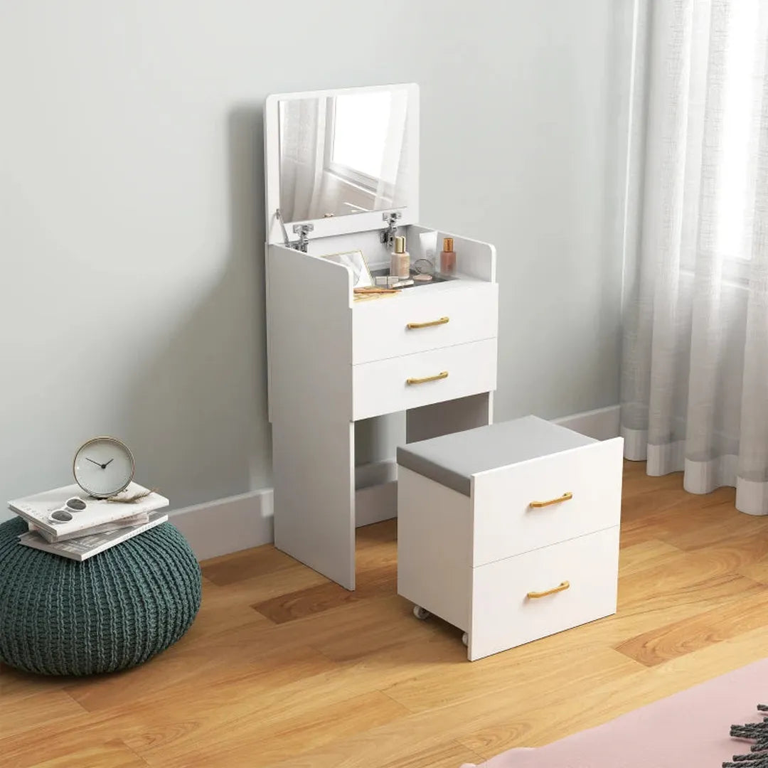 3-in-1 kaptafel met spiegel – nachtkastje en rollende kruk – met lades – wit