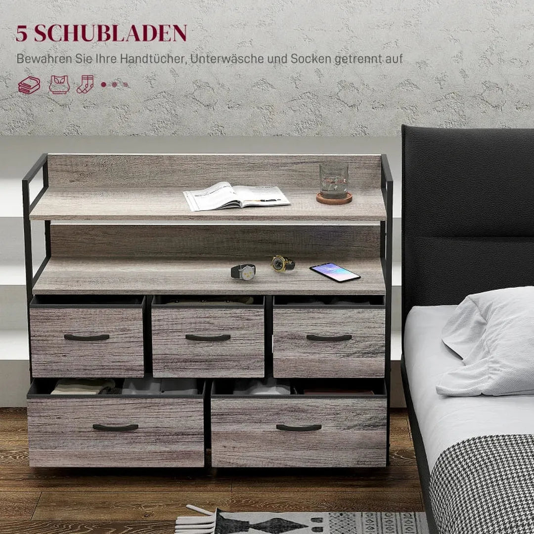 Dressoir met 5 stoffen lades en 2 planken – Opbergkast met stalen frame – Grijs – 98x29x85 cm