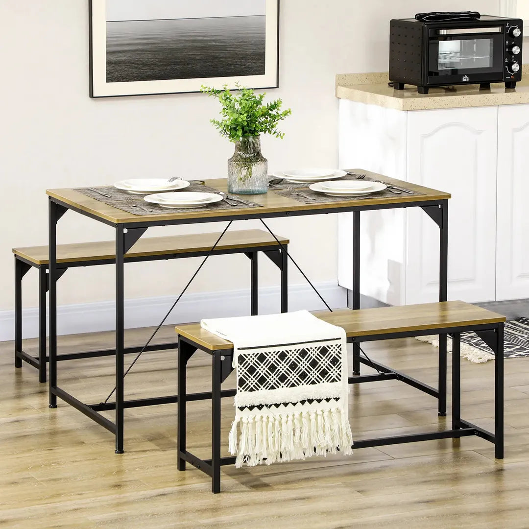 Eettafelset voor 4 Personen – Tafel met 2 Banken van Metaal en Hout, Industrieel Design, 120 x 70 x 75 cm, Zwart/Natuur
