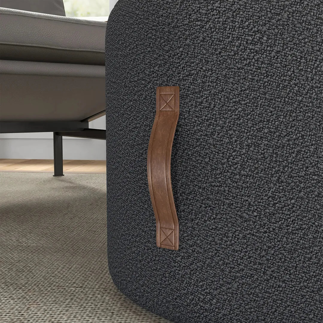 Poef – Moderne Voetenbank – Donkergrijs met Bruin – Stoffen Bekleding en Houten Poten