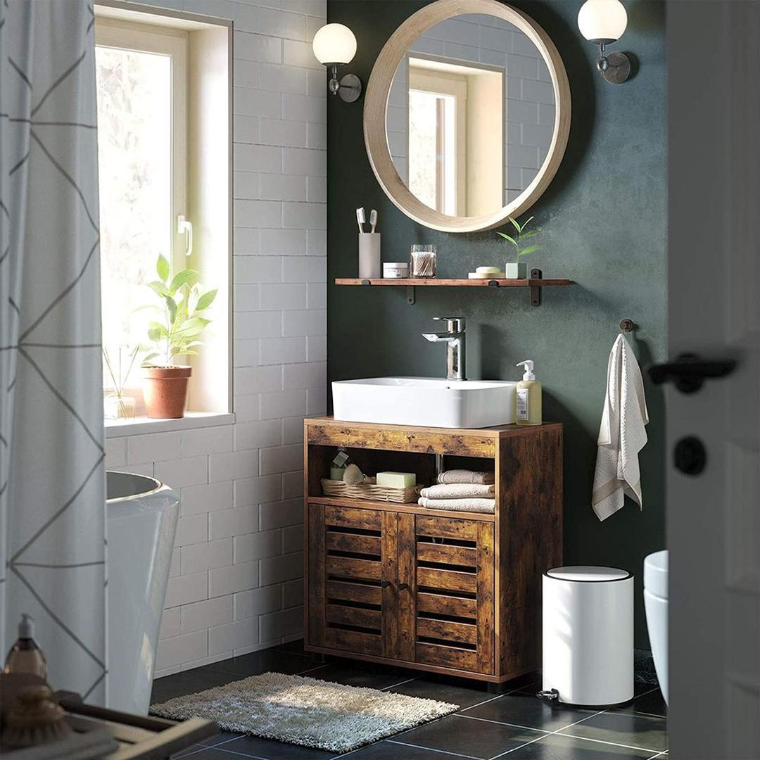 Wastafelonderkast in Vintage Bruin – Badkamerkast met Open Vak en Verstelbare Plank, 60 × 30 × 63 cm