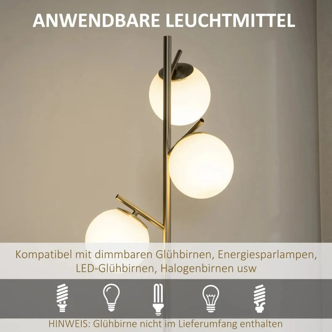 Staande lamp met 3 glazen kapjes – E27 fitting – voetschakelaar – zwart
