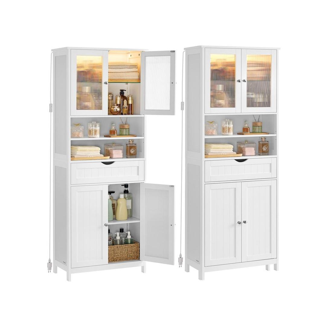 Badkamerkast met LED-verlichting en Verstelbare Opbergruimte – Vrijstaande Opbergkast met Deuren en Lade in Wolkenwit