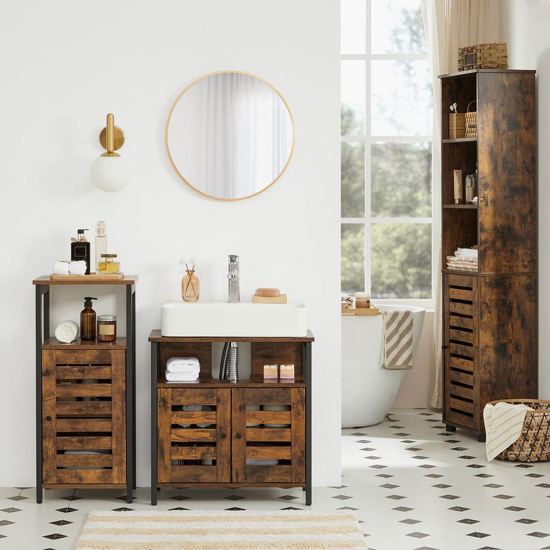 Wastafelonderkast in Vintage Bruin-Zwart – Badkamerkast met Open Vak en Verstelbare Plank, 60 × 30 × 60 cm