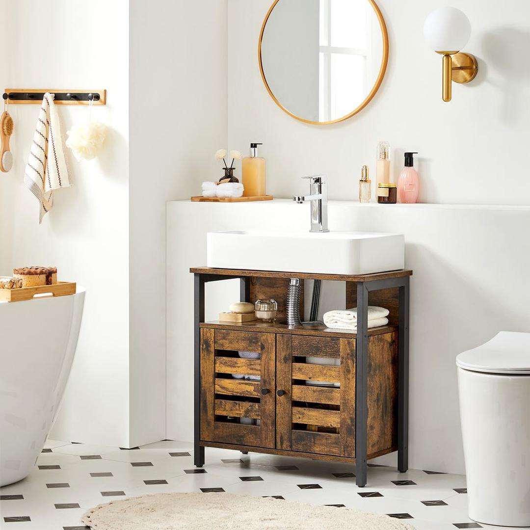 Wastafelonderkast in Vintage Bruin-Zwart – Badkamerkast met Open Vak en Verstelbare Plank, 60 × 30 × 60 cm