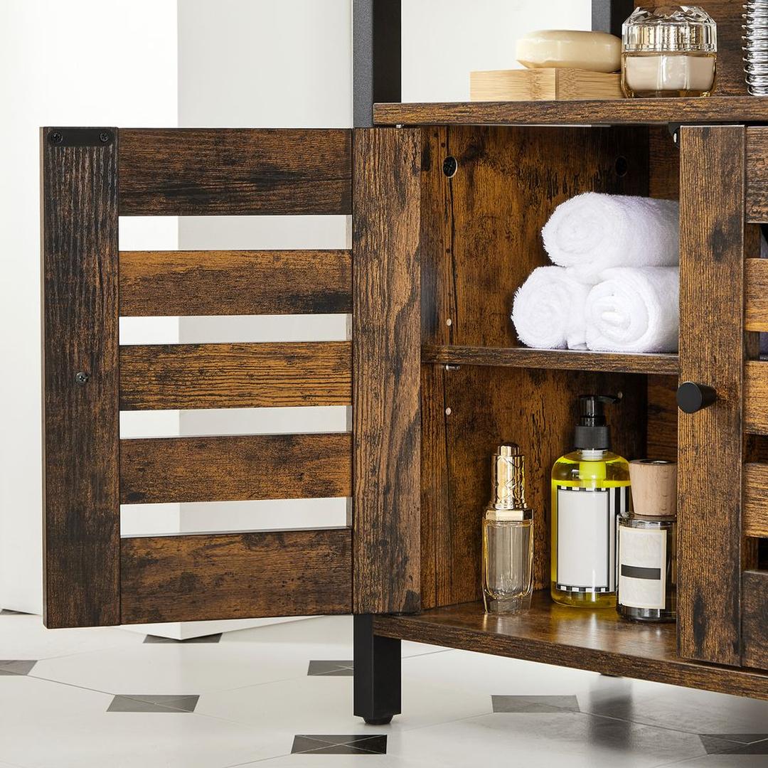 Wastafelonderkast in Vintage Bruin-Zwart – Badkamerkast met Open Vak en Verstelbare Plank, 60 × 30 × 60 cm