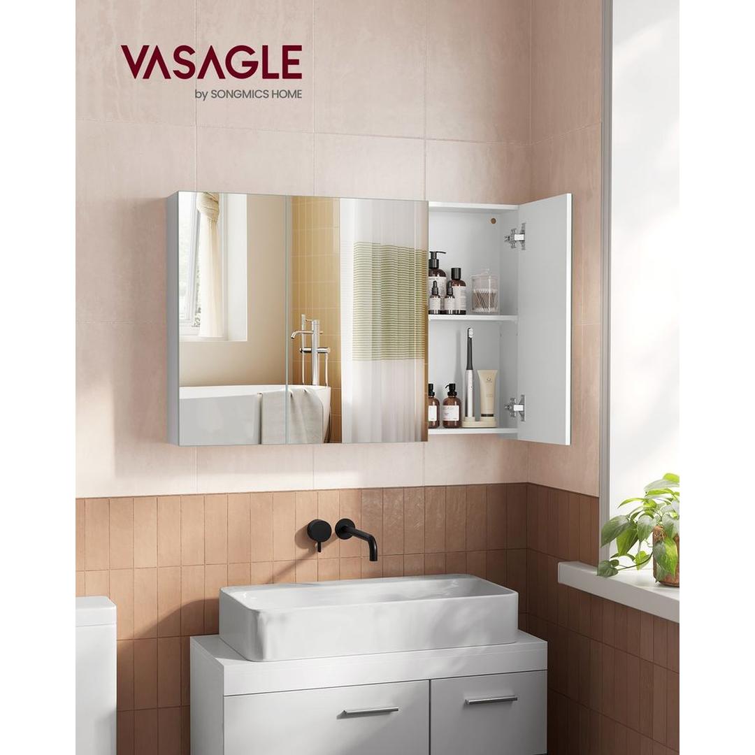 Witte Spiegelkast – Wandkast met 3 Spiegeldeuren en Verstelbare Planken, 60 × 15 × 55 cm