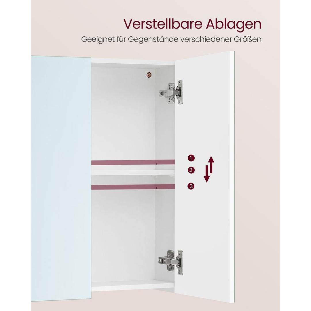 Witte Spiegelkast – Wandkast met 3 Spiegeldeuren en Verstelbare Planken, 60 × 15 × 55 cm