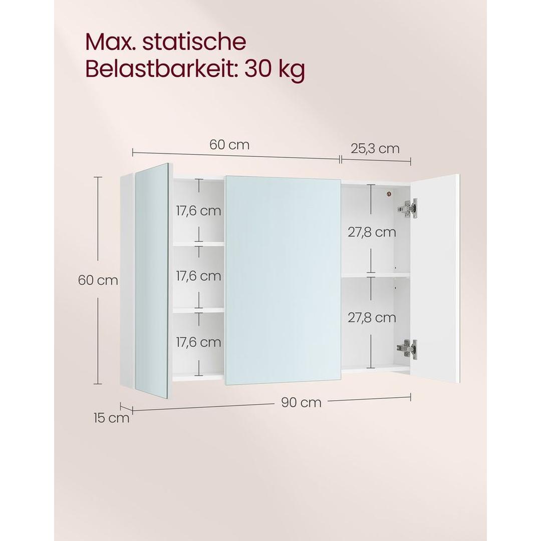 Witte Spiegelkast – Wandkast met 3 Spiegeldeuren en Verstelbare Planken, 60 × 15 × 55 cm