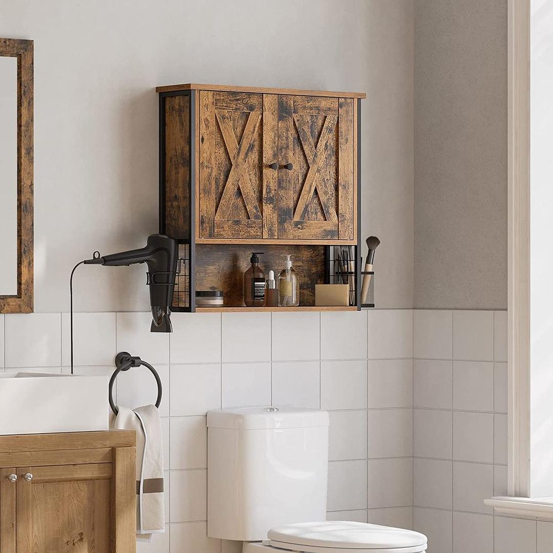 Badkamer Wandkast – Industriële Kast met Open Vak, Deur, Verstelbare Legplank en Haardrogerhouder