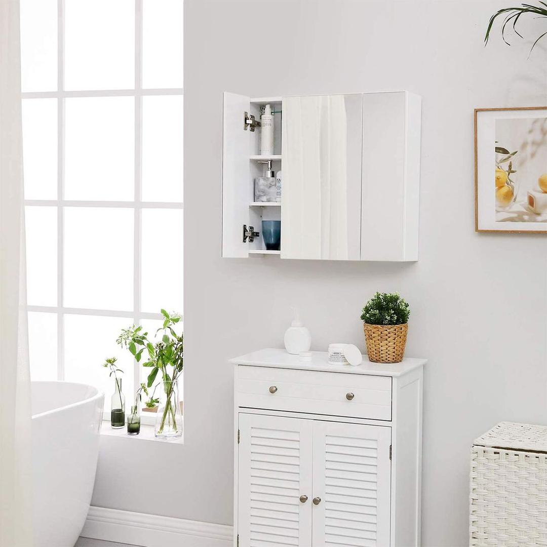 Witte Spiegelkast – Wandkast met 3 Spiegeldeuren en Verstelbare Planken, 60 × 15 × 55 cm