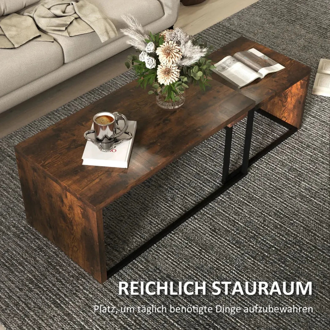 Set van 2 salontafels – Ovaal MDF tafelblad met metalen frame – Zwart en bruin – 90x48x42 cm & 59x42x36 cm