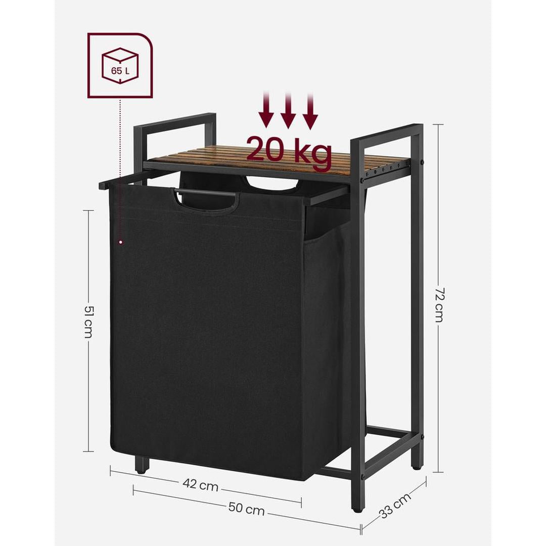 Wasmand met Uittrekbare Waszakken – Wasbox met 2 Vakken, Opbergblad en Stalen Frame