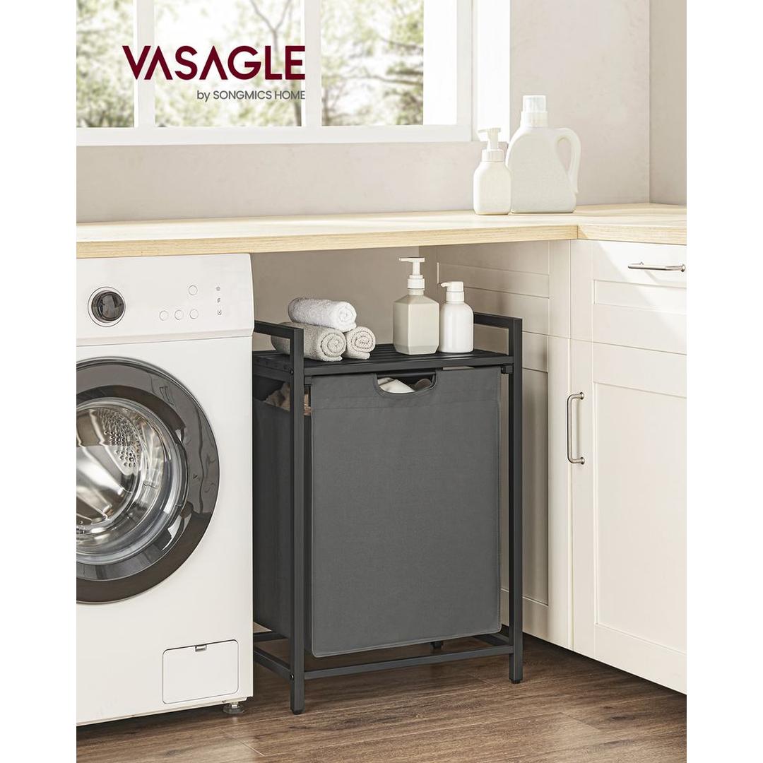 Wasmand met Uittrekbare Waszakken – Wasbox met 2 Vakken, Opbergblad en Stalen Frame