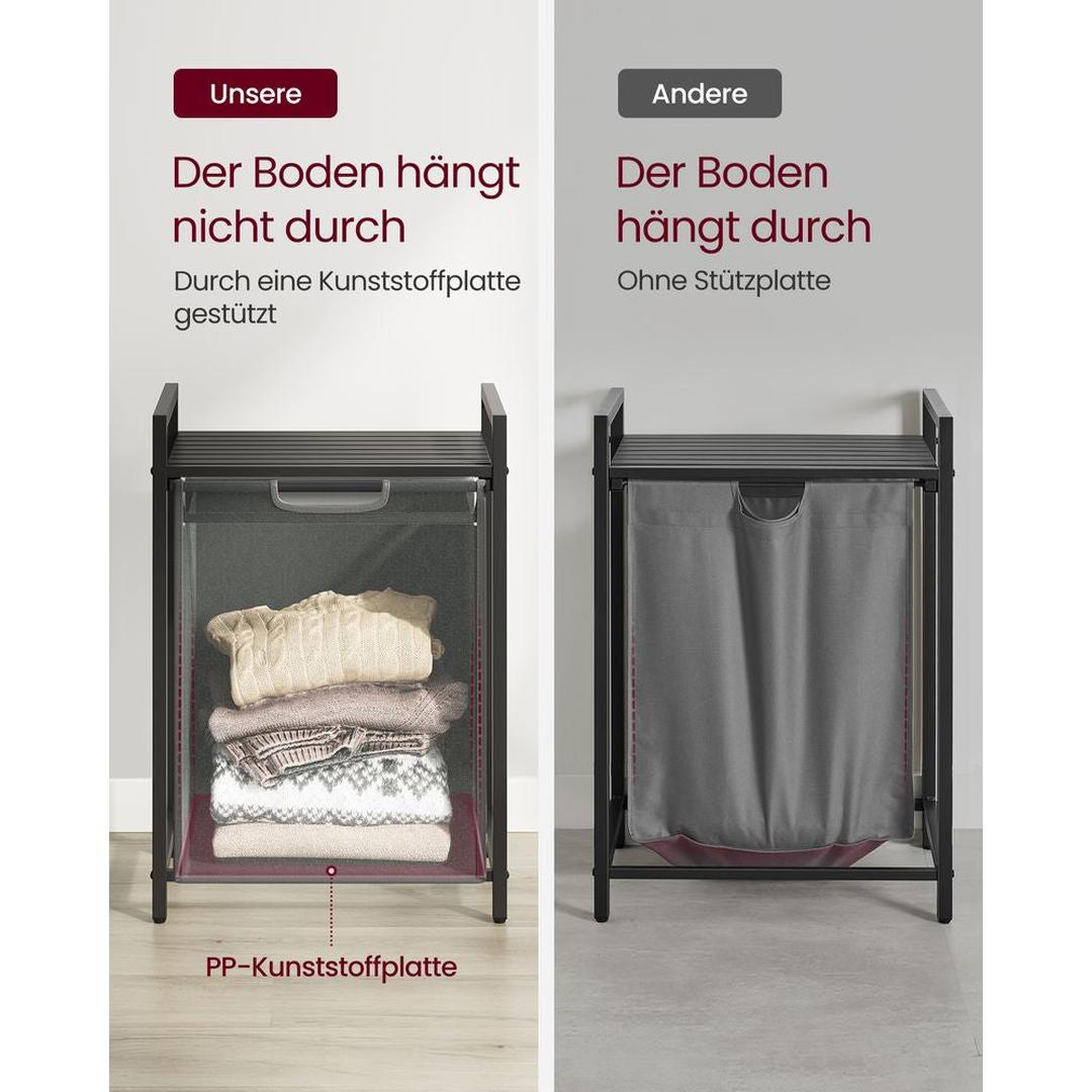 Wasmand met Uittrekbare Waszakken – Wasbox met 2 Vakken, Opbergblad en Stalen Frame