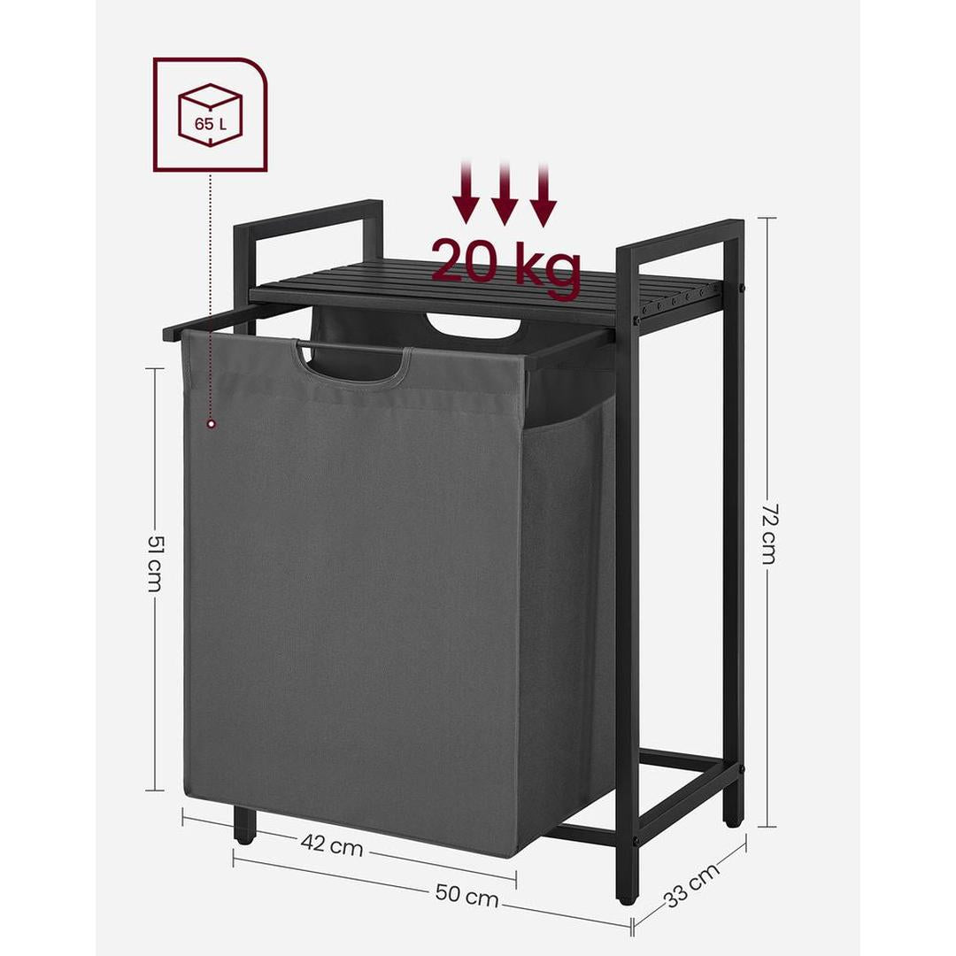 Wasmand met Uittrekbare Waszakken – Wasbox met 2 Vakken, Opbergblad en Stalen Frame