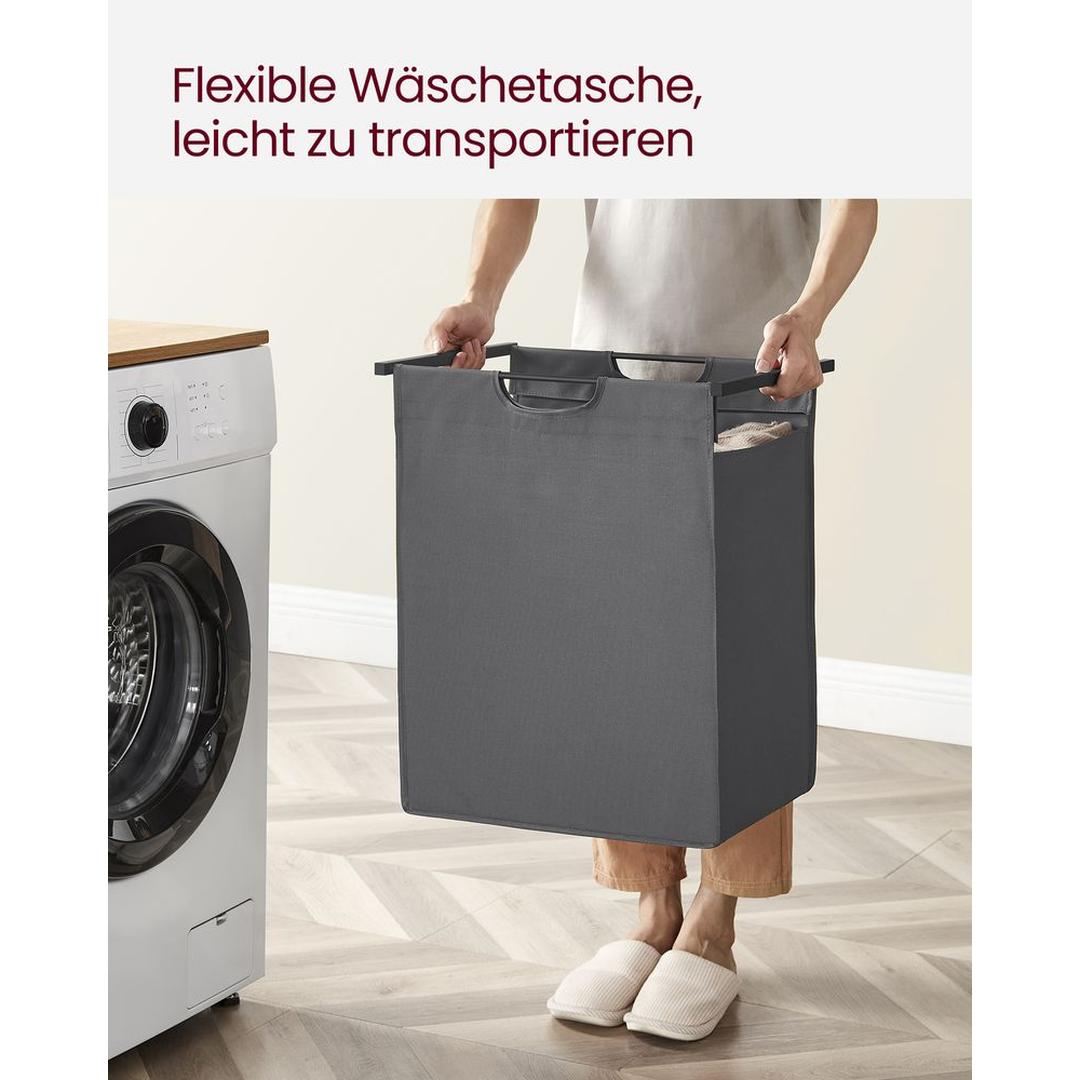 Wasmand met Uittrekbare Waszakken – Wasbox met 2 Vakken, Opbergblad en Stalen Frame