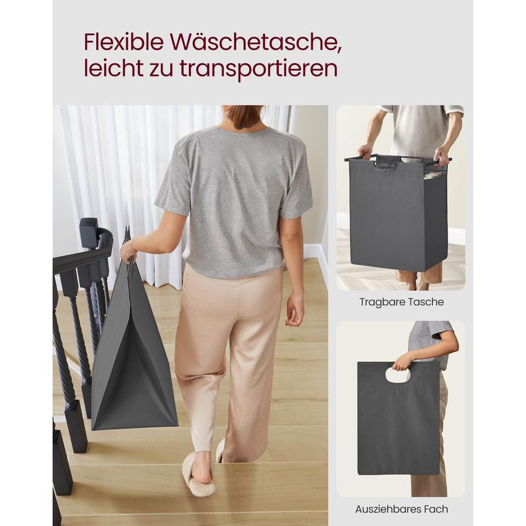 Wasmand met Uittrekbare Waszakken – Wasbox met 2 Vakken, Opbergblad en Stalen Frame