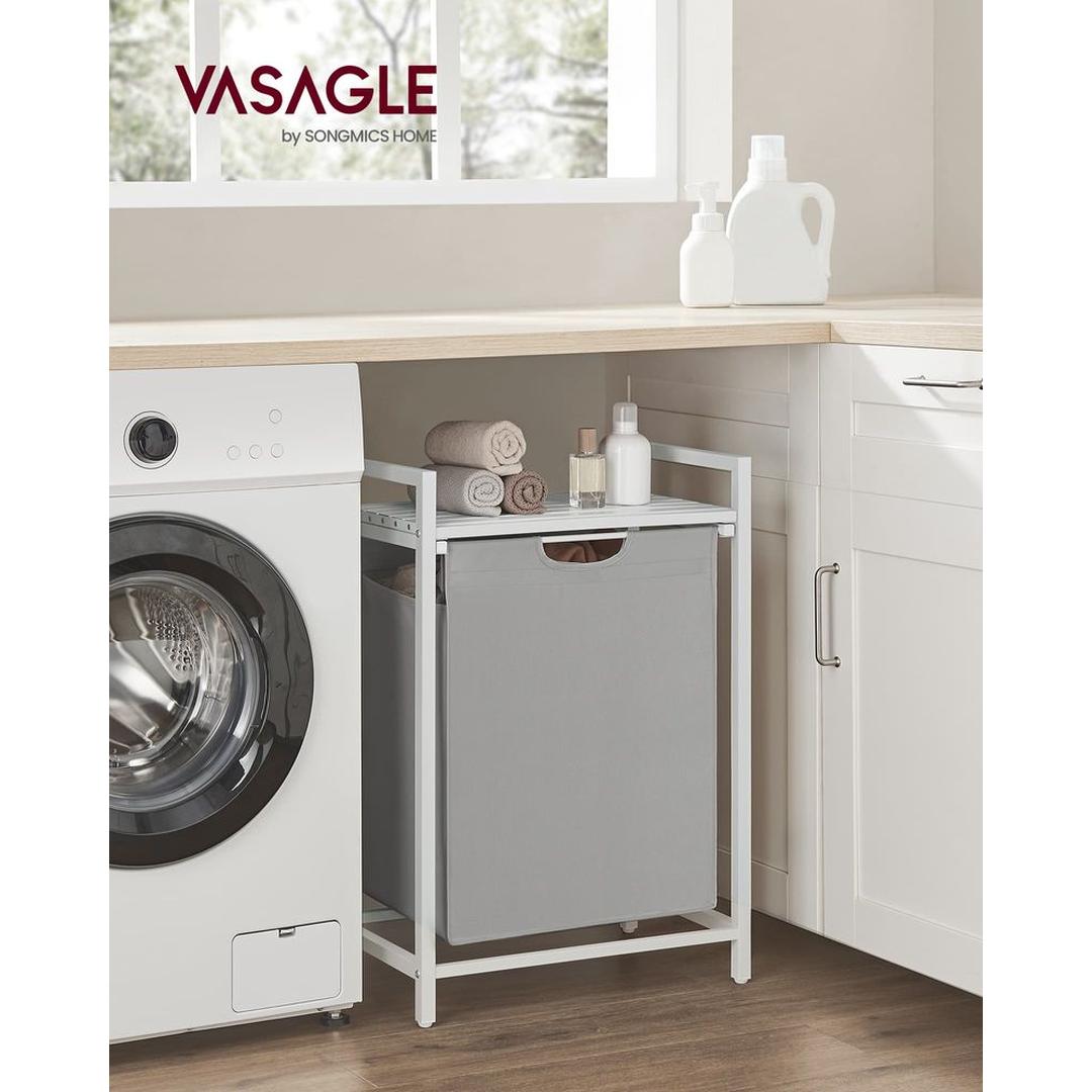 Wasmand met Uittrekbare Waszakken – Wasbox met 2 Vakken, Opbergblad en Stalen Frame