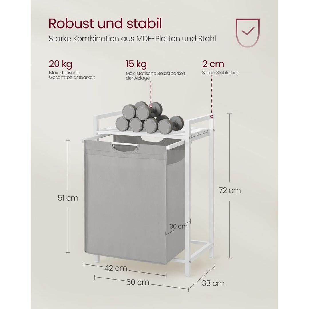 Wasmand met Uittrekbare Waszakken – Wasbox met 2 Vakken, Opbergblad en Stalen Frame