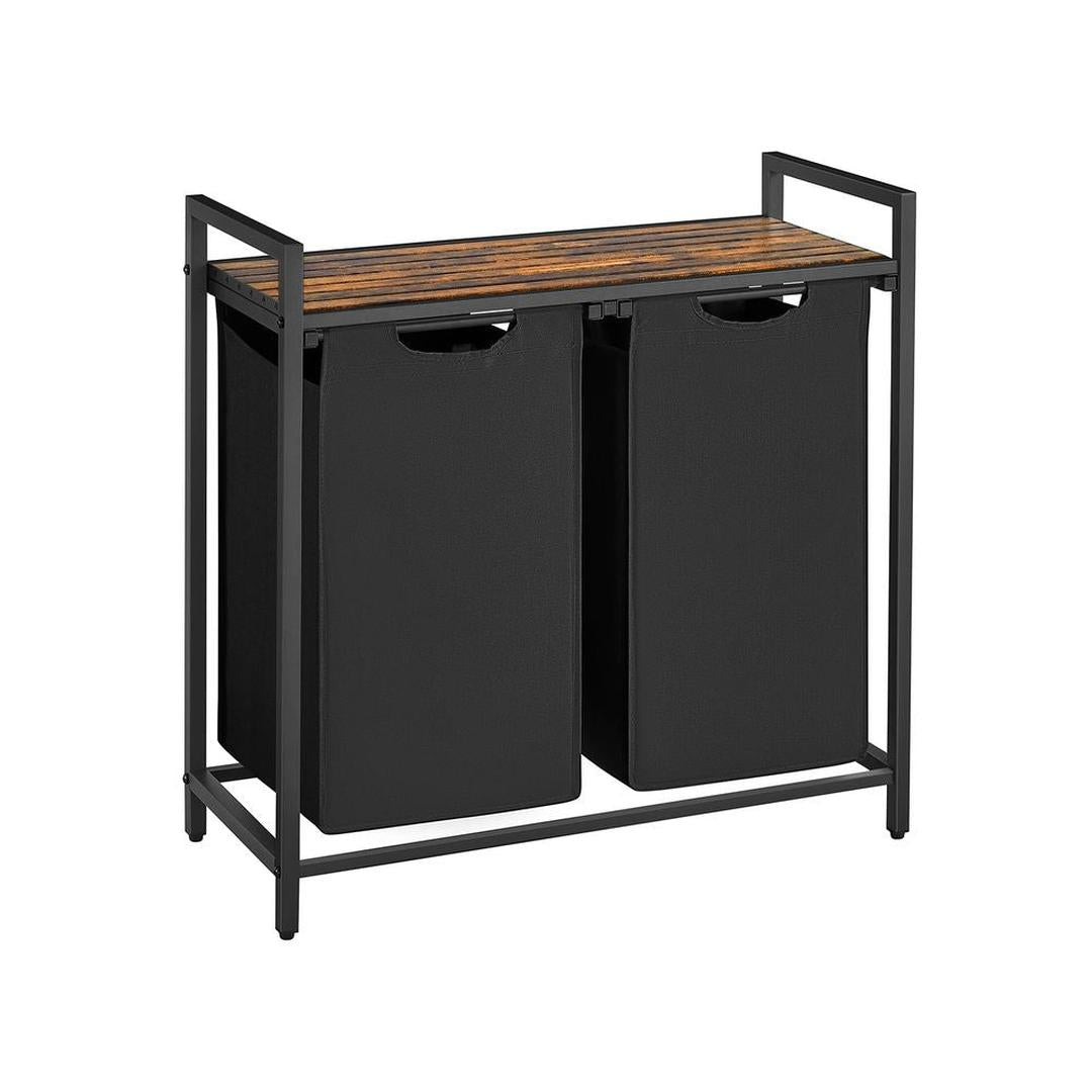 Wasmand met Uittrekbare Waszakken – Wasbox met 2 Vakken, Opbergblad en Stalen Frame