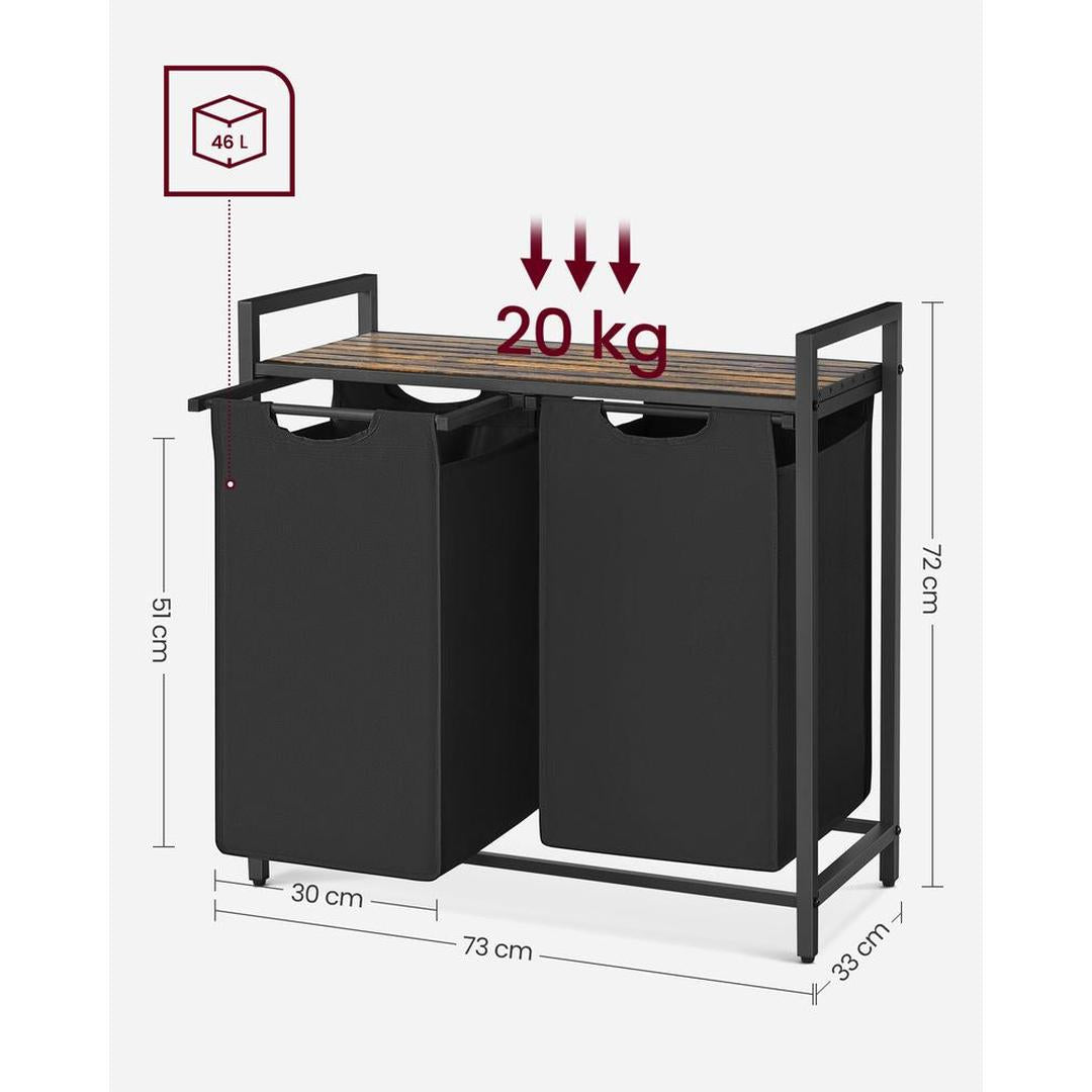 Wasmand met Uittrekbare Waszakken – Wasbox met 2 Vakken, Opbergblad en Stalen Frame
