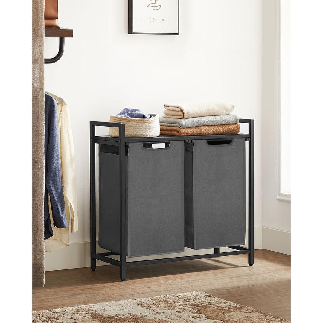 Wasmand met Uittrekbare Waszakken – Wasbox met 2 Vakken, Opbergblad en Stalen Frame