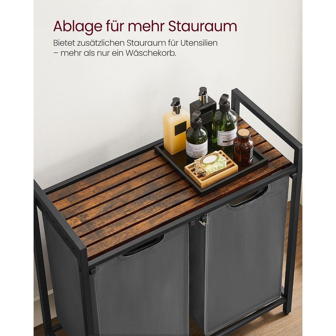 Wasmand met Uittrekbare Waszakken – Wasbox met 2 Vakken, Opbergblad en Stalen Frame