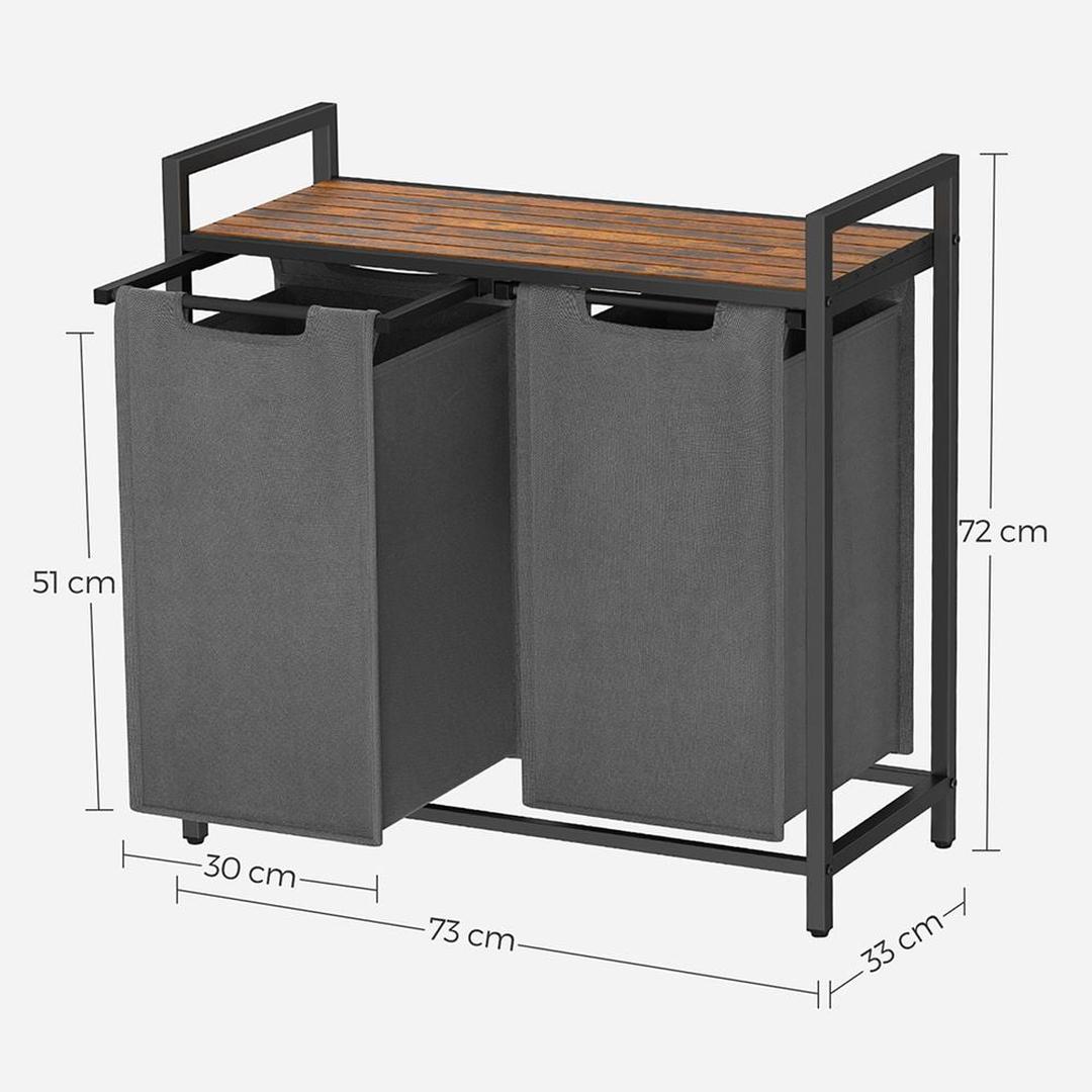 Wasmand met Uittrekbare Waszakken – Wasbox met 2 Vakken, Opbergblad en Stalen Frame